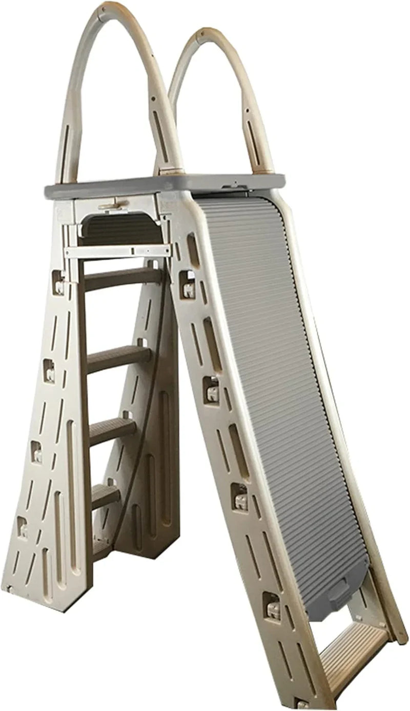 Confer Plastics 7200 Roll Guard 48" to 56" Adjustable A Frame Safety Ladder for Above Ground Outdoor Patio Swimming Pool Platform Ladder with Step Barrier, Warm Grey… J6