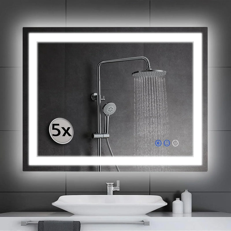 LED wall-mounted makeup mirror with lights - suitable for wall-mounted large makeup tables. Features intelligent touch buttons, anti-fog, water resistance, adjustable dimming, color adjustment, and magnifying glass function. T8