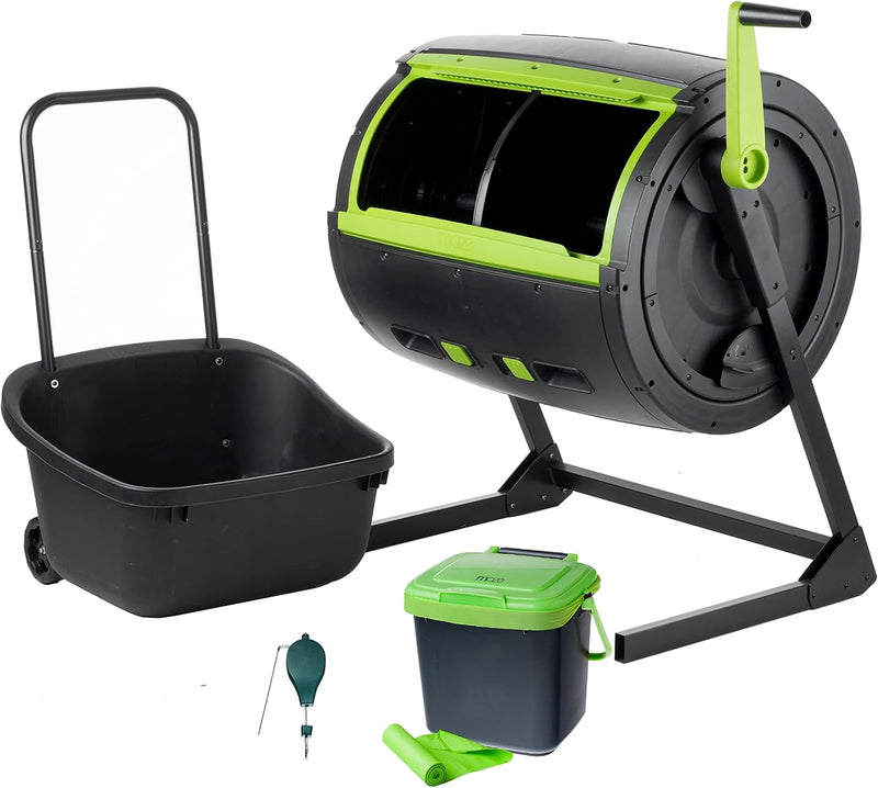 Two 65-gallon two-stage composting drums, equipped with large double doors and an open frame, are also provided along with a maze-style compost cart, a 1.85-gallon kitchen trolley-style compost bin, three rolls of corn bags, and a retractable plant t A4