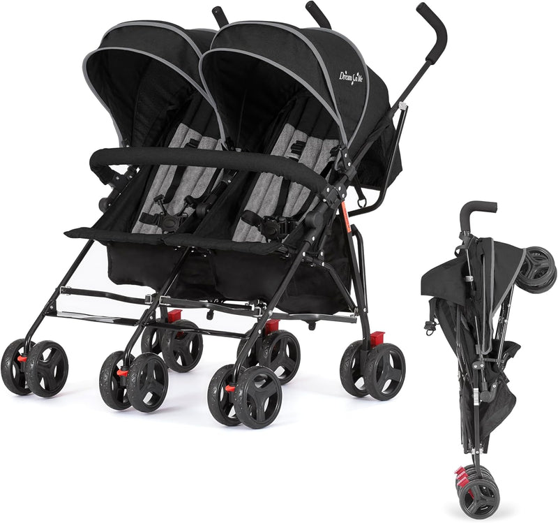 Twin Umbrella Stroller in Black, Lightweight Double Stroller for Infant & Toddler, Compact Easy Fold, Large Storage Basket, Large and Adjustable Canopy Y5