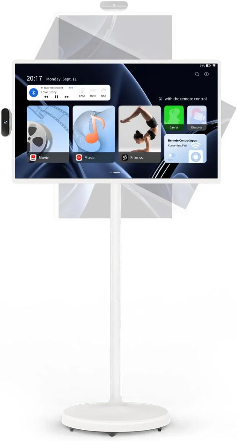 32-Inch Portable TV, 1080P FHD Rolling TV on Wheels with Rotatable Touch Screen, Android 13 OS, 8G RAM 128G Storage, Built-in Battery, Full Swivel Rotation, Voice Remote R1