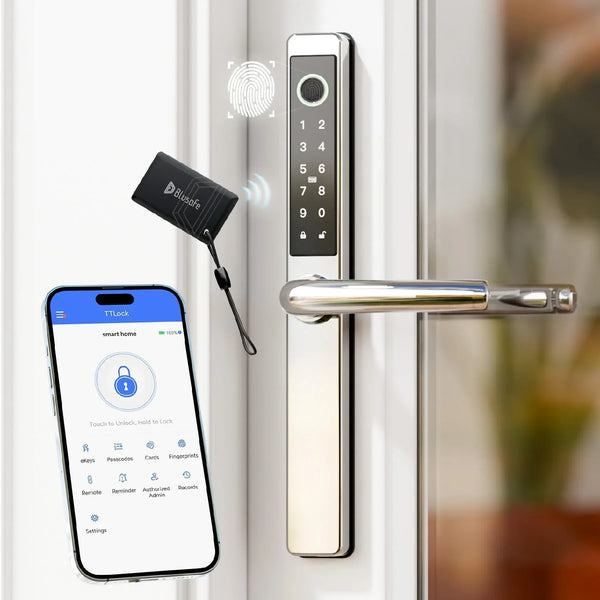 Smart Lock Fingerprint Door Lock with IC Card & App Control, Keyless Entry Smart Door Lock for 40–75mm Doors, Multipoint Locking System Door Lock Apply toWooden/Metal/PVC Door (OS Frosted Silver) Q7