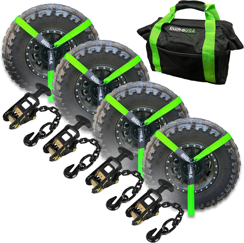 Car Tie Down Straps for Trailers with Flat Hooks (4-Pack) - 2 Inch x 8 Feet (10,000lb Break Strength) - Heavy Duty T-Handle Car Lasso Tire Straps for Trailer & UTV - Black Z1