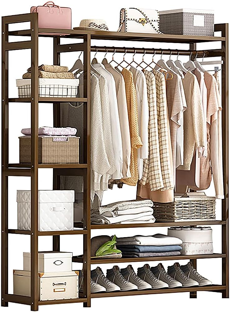 Floor-Standing Solid Wood Rotating Coat Rack，Portable Bamboo Clothes Rack - Versatile Closet Organizer with Storage Shelves and Compartments for Bedroom, Entryway, or Living Room - Stylish a X0