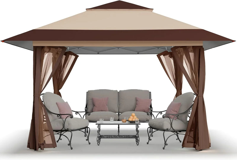 CROWN SHADES 13x13 Pop Up Gazebo, Canopy Tent, Gazebos on Clearance - Outdoor Gazebo for Backyard & Patio Furniture - Carpa Pop Up Tent with Wheeled STO-N-Go Cover Bag (Beige & Coffee) B0