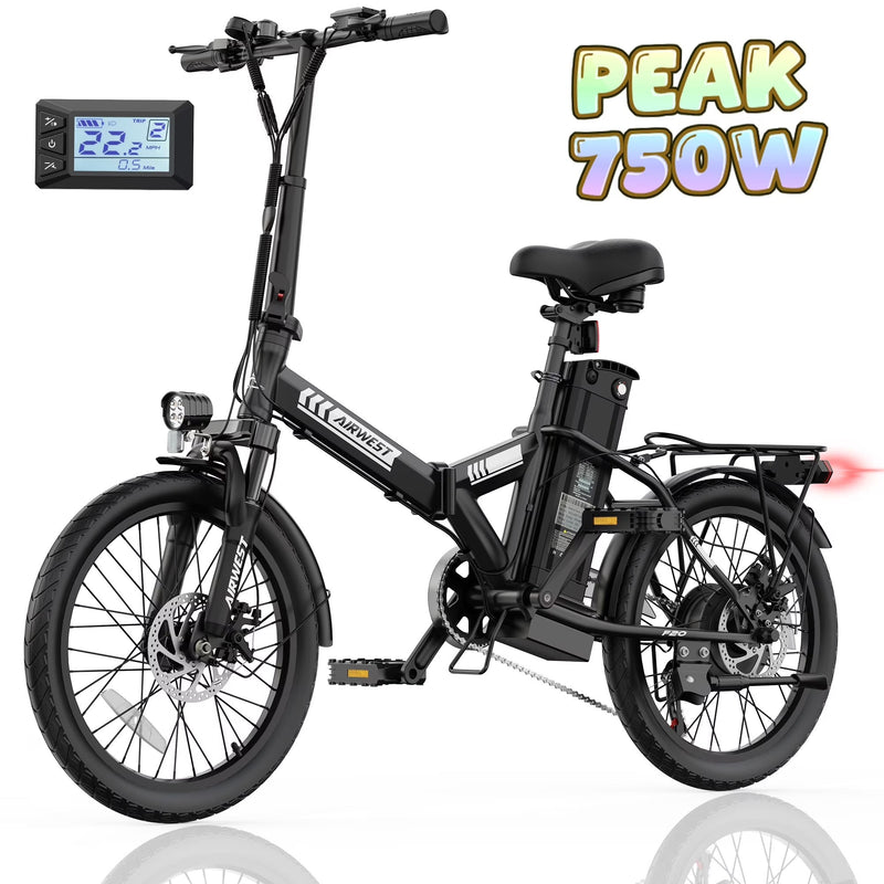 AIRWEST 20 in Foldable Electric Bike for Adults, Compact Commuter eBike with 500W Motor 750W Peak, Removable 48V 7.8Ah Battery, 50 Miles PAS... D8