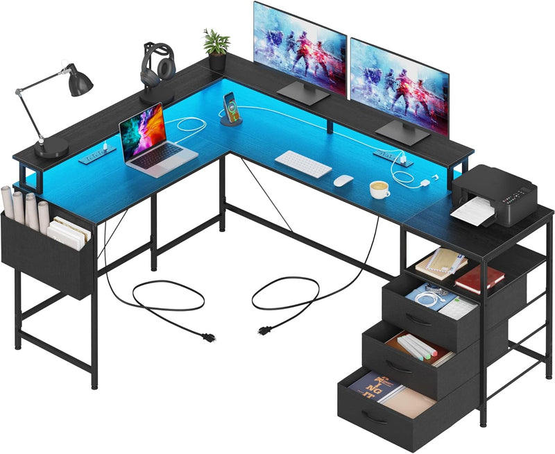 3 Drawers L Shaped Desk 63 Inch, 2 Power Strips (6 AC) and LED, Large Gaming Desk & 2 Monitor Stands, L Shape Computer Desk, Stable and Sturdy Home Office Desk, Fabric Drawers, Black R0