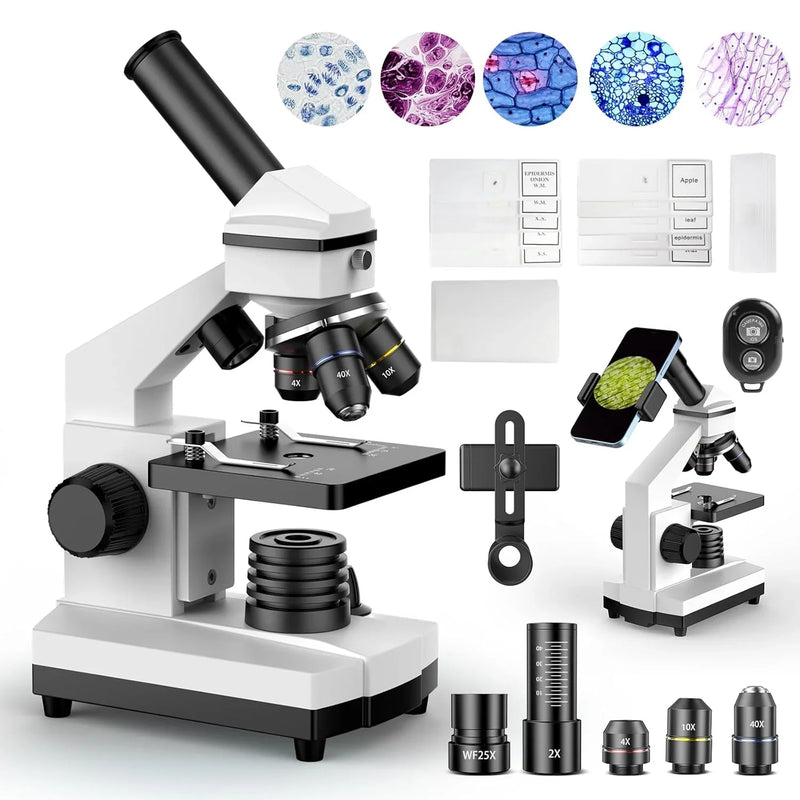 Compound Microscope for Adults & Kids - 100X-2000X High-Power Biological Microscope for Students, School Lab & Home Education, with Slides Set & Phone Adapter (White) I5