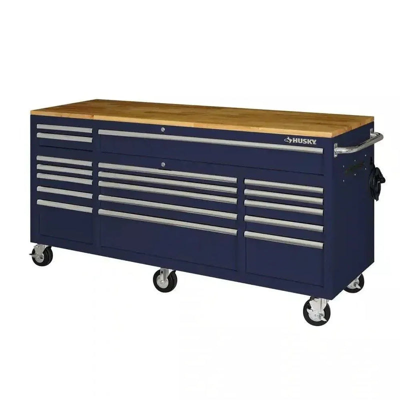 Husky 72 in. 18-Drawer Mobile Workbench with Solid Wood Top in Gloss Blue D1