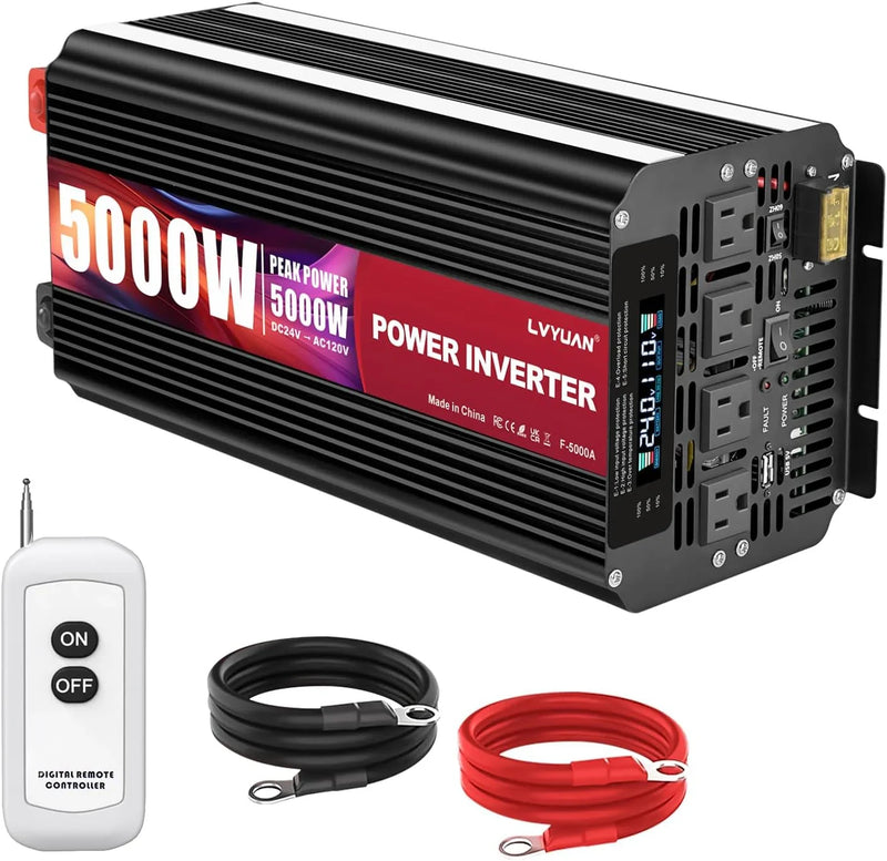 5000 Watt Power Inverter 12V to 110V 120V for Vehicle, Solar Inverter System, Heavy Duty, RV, Truck, Off Grid,Camping with 4 AC Outlets, LCD Display, Wireless Remote Control, Car Power Inverter N2