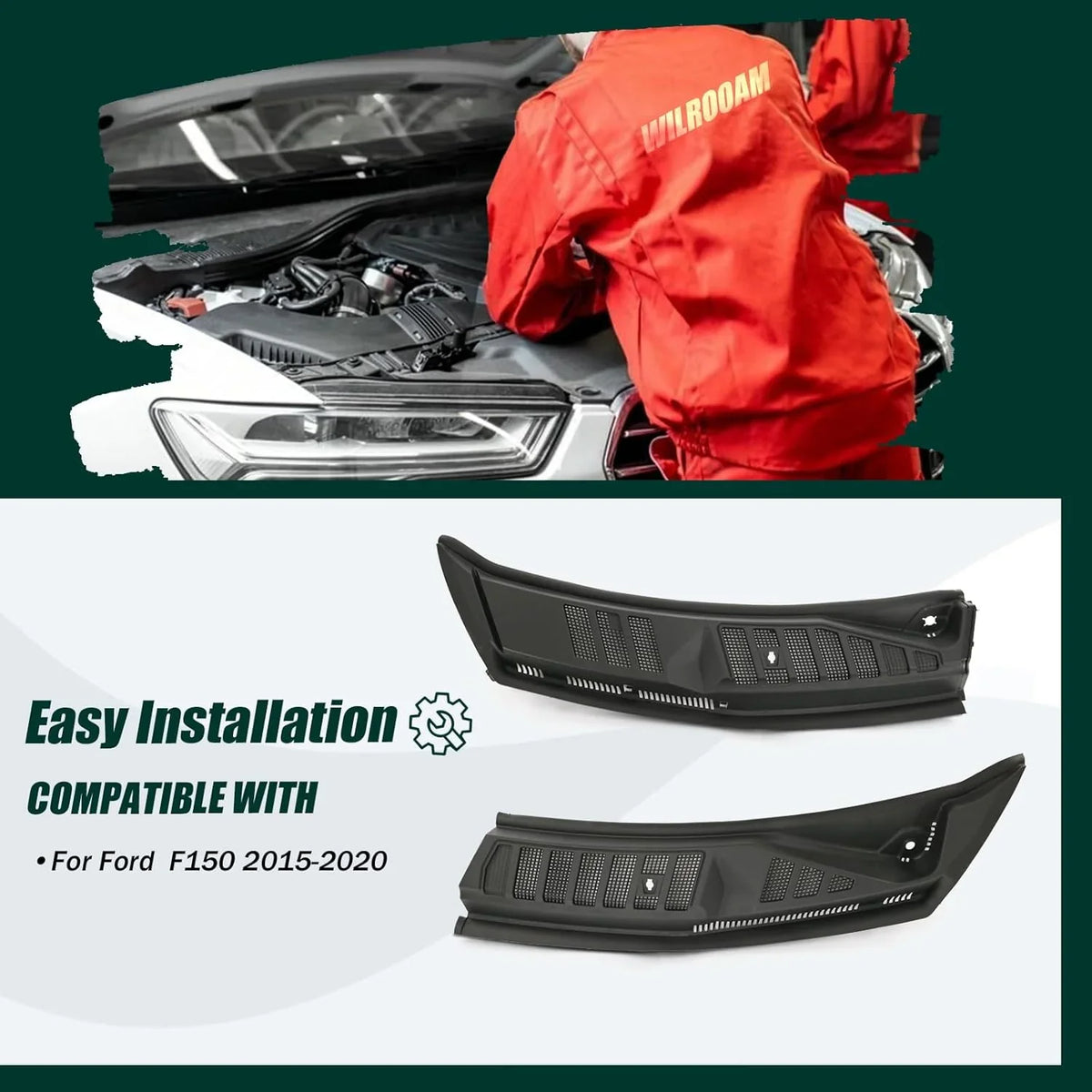 The front windshield wiper cover panel grille is compatible with the 2009 - 2014 models of Ford F150. It features two front insert panels on both the left and right sides.