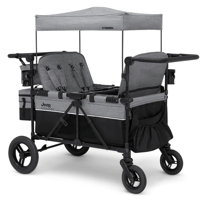 Luxurious 4-seater children's stroller - A high-end 4-seater children's stroller specially designed for 4 children, equipped with convertible seats, adjustable push-pull handles, detachable sunshade, and flat folding device. The color is grey. D2