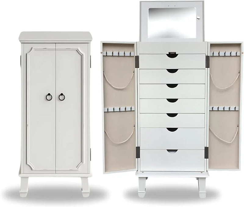 Hives and Honey Cabby Standing Jewelry Armoire – Fully Locking Wood Jewelry Storage with Mirror, 7 Drawers, Necklace Hooks, and Anti-Tarnish Lining — Turquoise U4