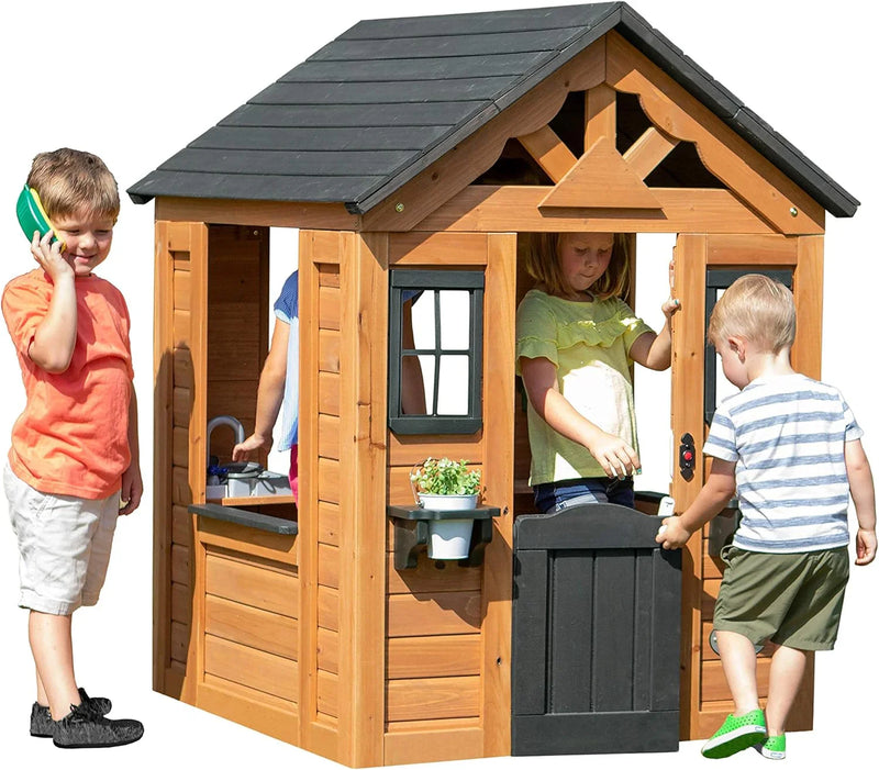Children's playhouse cabin, equipped with a game kitchen, snack bar, half-door, toy phone, windows, flower pot stand and an operable doorbell, suitable for creative outdoor games. S5