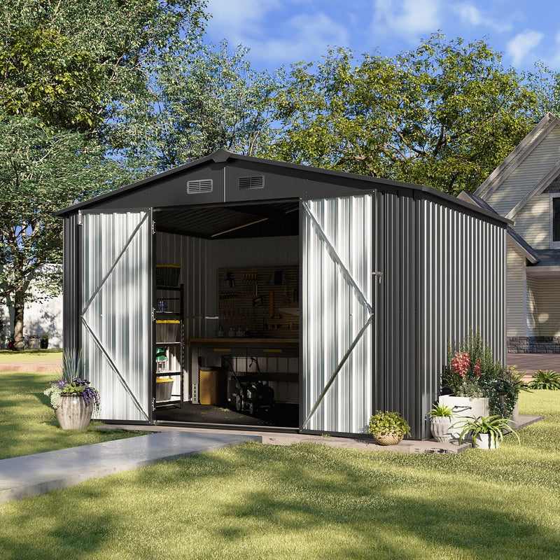 5x2.7 FT Outdoor Metal Storage Shed - Durable Water-Resistant Galvanized Steel, Sloping Roof Design, Lockable Door - Ideal for Tool Storage on Lawn, Patio & Backyard (Black) R5