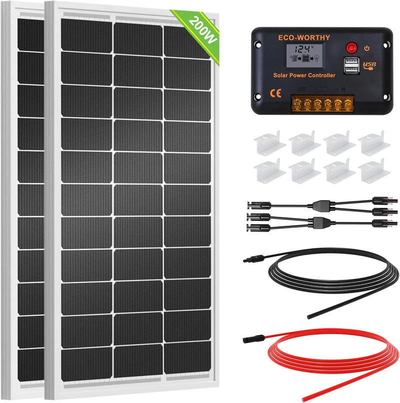 200 Watts 12 Volt/24 Volt Solar Panel Kit with High Efficiency Monocrystalline Solar Panel and 30A PWM Charge Controller for RV, Camper, Vehicle, Caravan and Other Off Grid Applications B2