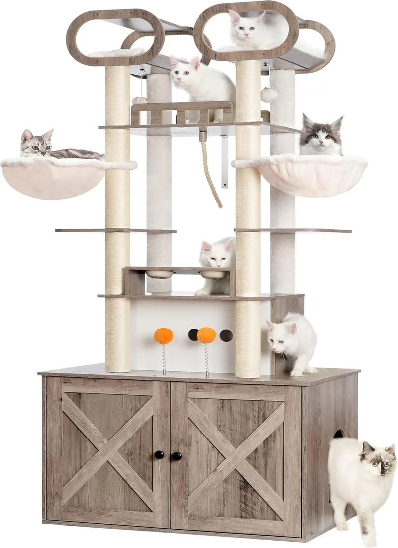 The Habori cat climbing frame with cat litter box storage box, a 76.8-inch wooden Menicos cat tower, equipped with a feeding station and a large platform, modern-style large cat apartment furniture, with a climbing column made of full Nisaal material L4