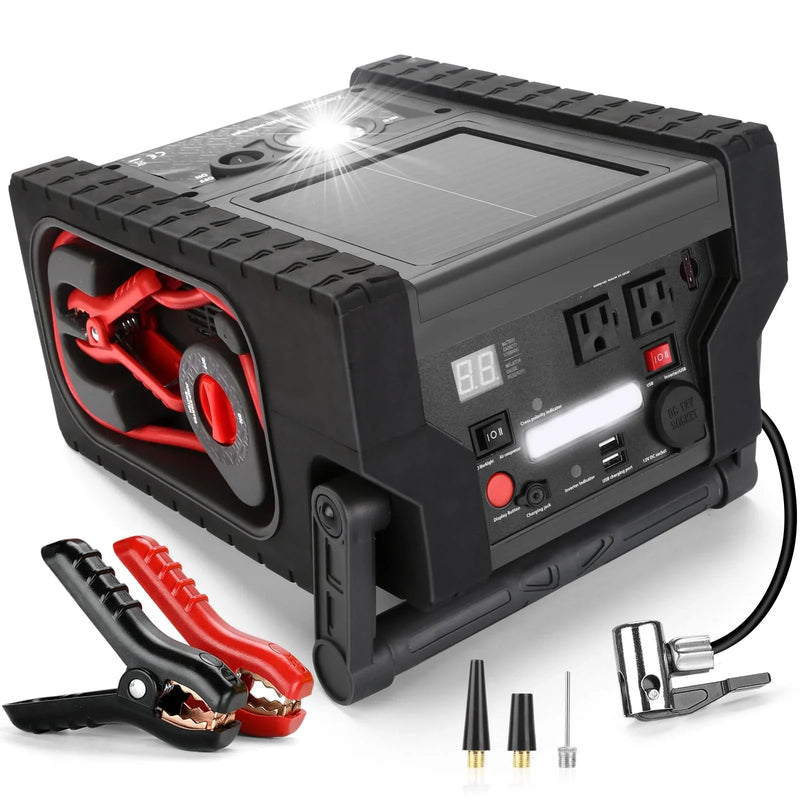 Solar Portable Power Station 2000 Amps Jump Starter, 260 PSI Air Compressor, 12V Car Battery Charger with 400W Inverter Dual AC/DC/USB Output, Emergency Backup Power with Flashlights U2