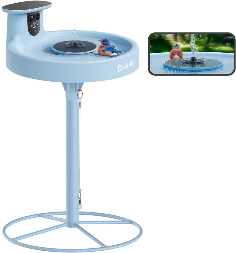 Smart Bird Bath, equipped with a camera, solar power supply, fountain and stand. It features a dual-lens camera for bird observation, automatically captures bird videos and has motion detection functionality. E6