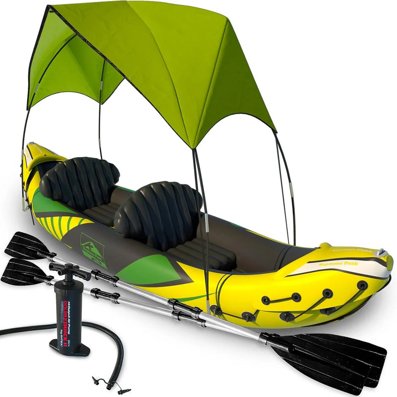Inflatable Kayak 2 Person with Sun Canopy (Detachable) Kayaks for Adults 3rd Seat for Dog/Child Waterproof Phone Bags Adjustable Seats Kayak Backrests & More New 2024 Yellow Green F2