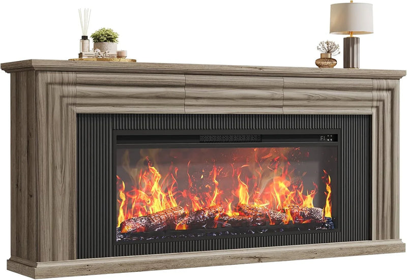 75-inch wall-mounted TV cabinet, rustic modern entertainment center with fireplace, 70-inch media cabinet with 3 drawers, featuring a recessed design, suitable for the living room, black version P4