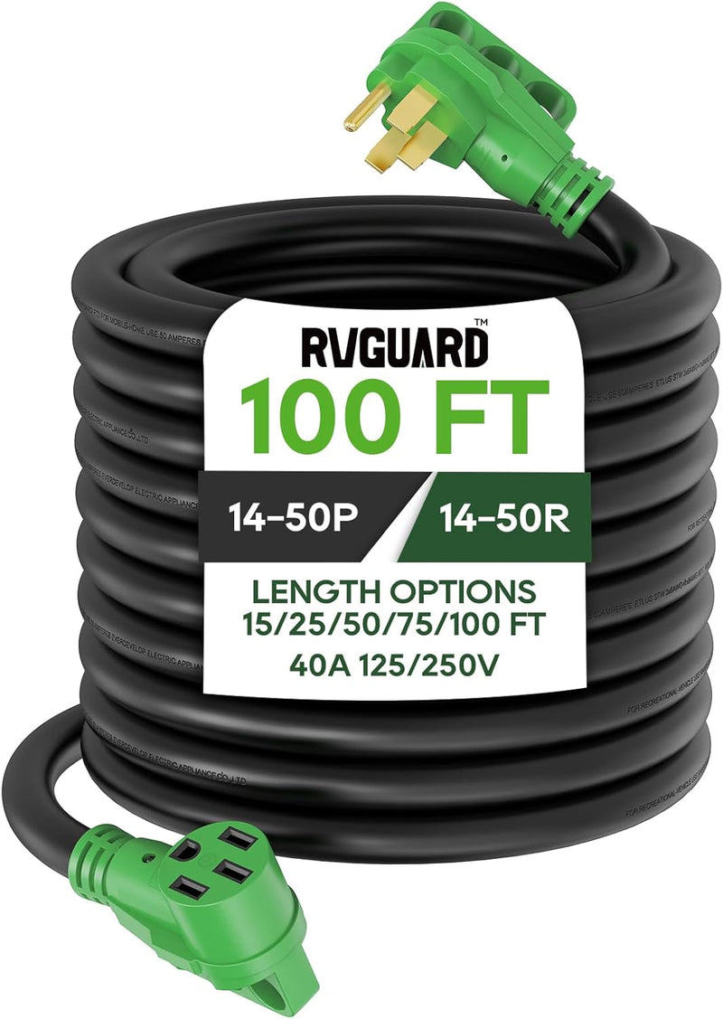 40 Amp 100 Foot RV/EV Extension Cord, NEMA 14-50P/R Heavy Duty Extension Cord with LED Power Indicator and Cord Organizer, Green, G8