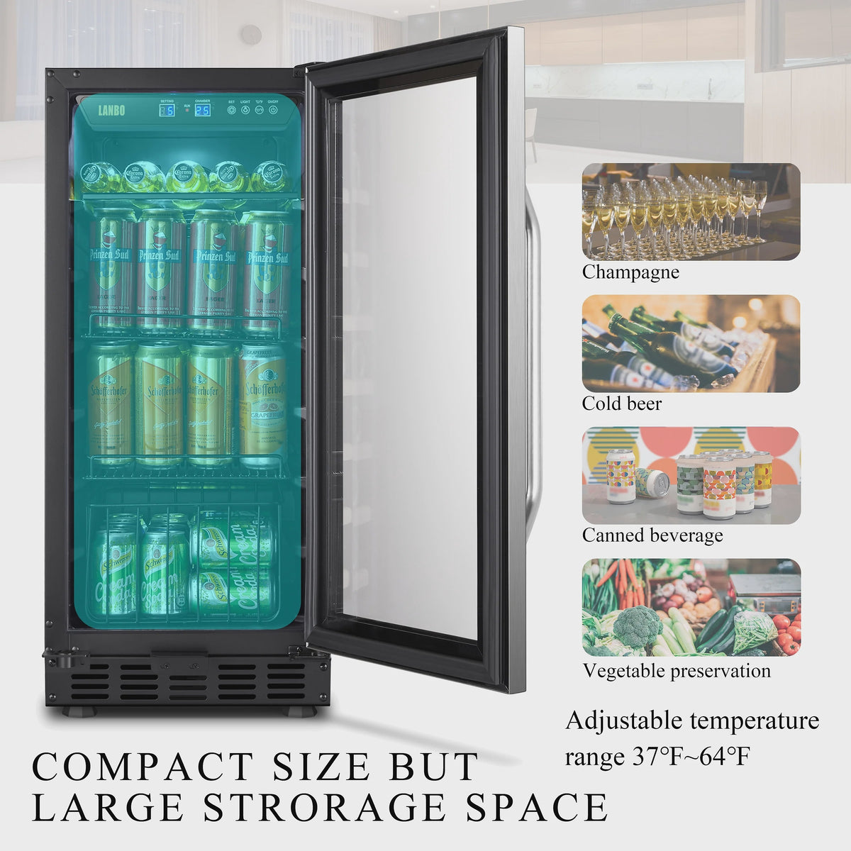 Lanbo 76 Cans Under Counter Compressor Beverage Cooler Refrigerator, 15 inch Width