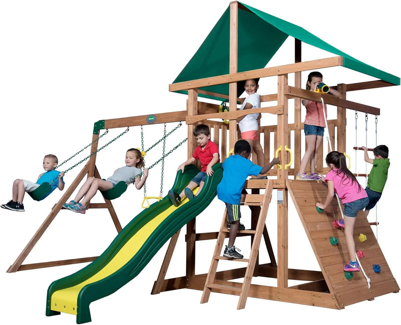 Cedar Wood Swing Set with Wave Slide, Play Deck, Double Rock Wall, Rope Ladder, Web Swing, Belt Swings, Toy Telescope, Steering Wheel, Sandbox Area, Outdoor Playset F1