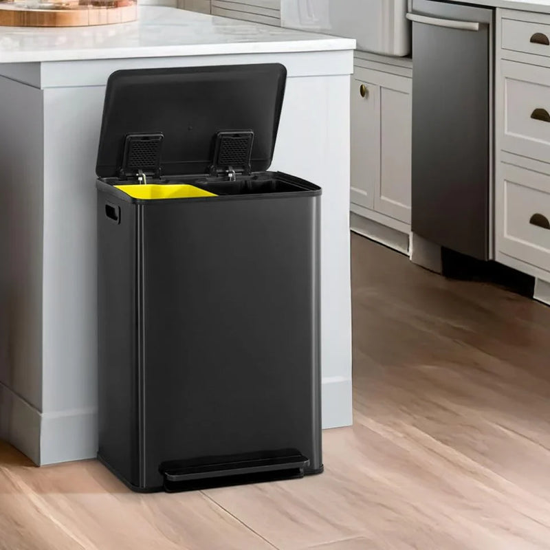 CAPHAUS Dual Trash Can with Double Lid, Trash and Recycle Bins Combo, Hands-free Stainless-Steel Garbage Can for Kitchen, with 2 Compartment, Hinged Lid, Odor Filters, Handles, 25L 25L, 2 x 6.6 Gallon R9