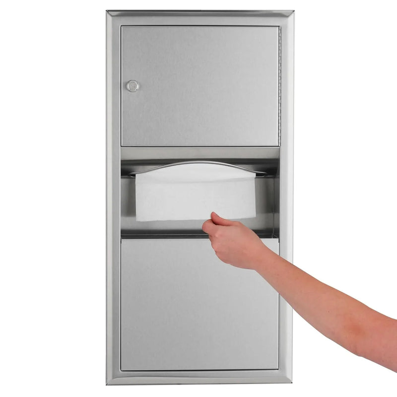 Wall-mounted tissue dispenser and waste paper storage box. Mirror-polished stainless steel material. 2-gallon capacity. Can hold 350 single-layer or 475 multi-layer tissues. Easy to install. Suitable for commercial bathrooms. M0
