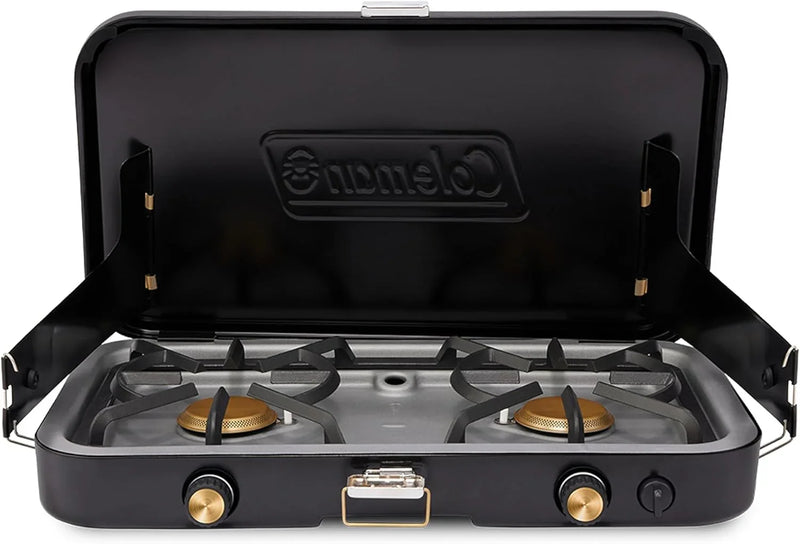 The 1900 series three-in-one propane camping stove, featuring a cast iron grill and frying pan accessories, has a power output of 24000 watts. It is equipped with an adjustable flame cover and excellent lighting device, and comes with two adjustable A9