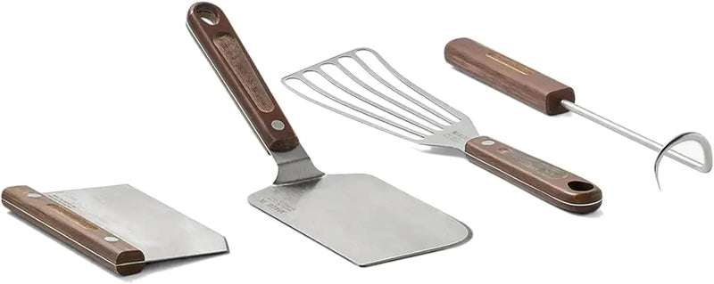 4-piece frying pan set - includes frying pan spatula, workbench scraper, fish spatula and pigtail flipper - brown linen micro-carbon fiber handle I5