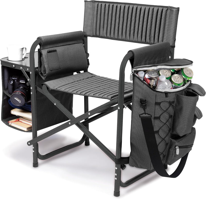 The "Picnic Time" brand's outdoor folding chairs with a unique design feature a grey base and a black frame. The dimensions are 33 x 7 x 21. H0