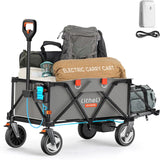 Utility truck, with a capacity of 200 liters and a load capacity of 300 pounds, featuring a foldable heavy-duty design, equipped with all-terrain wheels, featuring variable speed drive and battery power functions, suitable for camping, beaches, garde