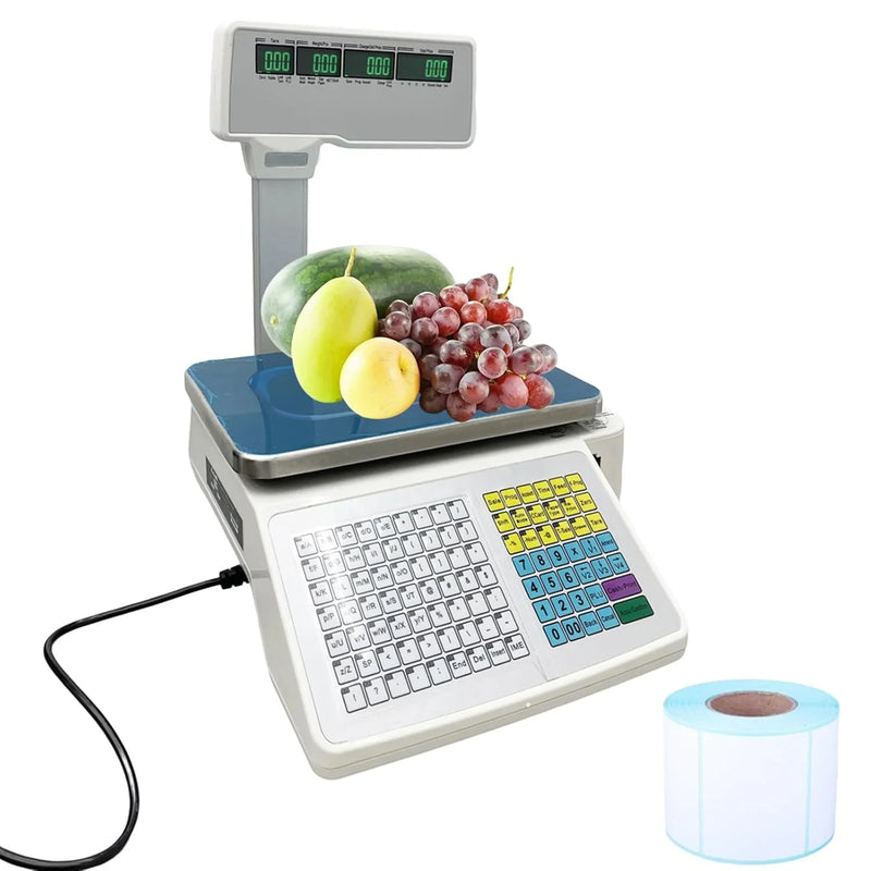 Commercial digital scale, equipped with thermal printer, 4 window vertical double-sided LCD display, capable of printing labels, maximum load capacity of 66 pounds, 110 volts, portable, suitable for storage areas, restaurants, bakeries X5
