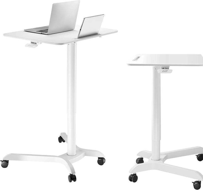 Portable laptop desk cart (3 feet 8 inches) - Mobile rolling desk - Computer projector cart - Adjustable height foldable mobile folding table - White mobile frame with brake wheels C6