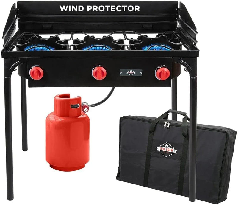 Dual-burner outdoor gas stove | 150,000 British thermal units portable propane stove, with blue flame control, detachable legs, temperature control knob, windproof panel, hose, regulator and storage box Y9