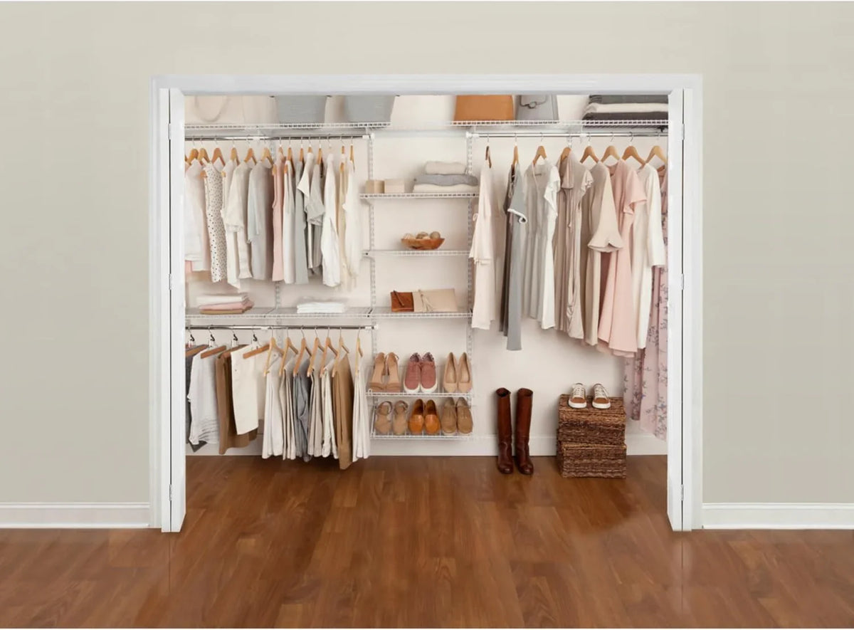 Rubbermaid Configurations Custom Closet Kit 4-8 Ft. Adjustable Metal Wire Shelving White Finish Expandable Organization System Hardware Included for Home Closet/Pantry/Laundry/Mudroom