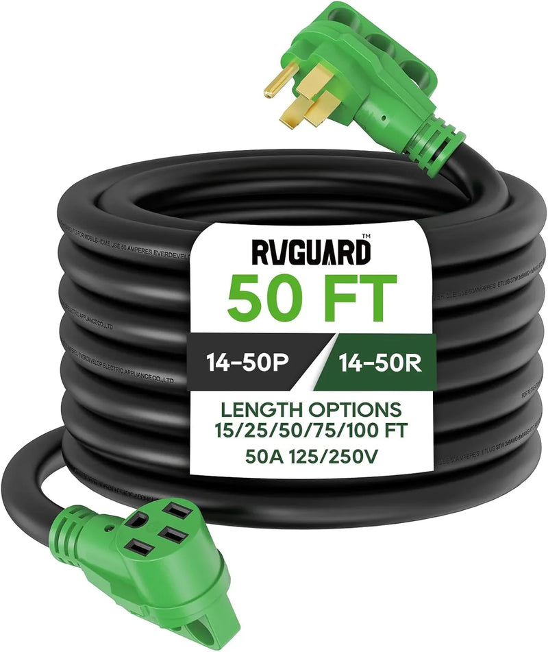 50 Amp 50 Foot RV/EV Extension Cord, NEMA 14-50P/R Heavy Duty Extension Cord with LED Power Indicator and Cord Organizer, Green, ETL Listed N9