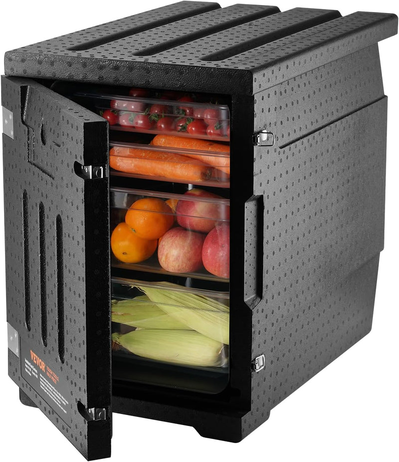 Food tray transportation box, 95-gallon insulated box for the catering industry, LLDPE food tray box with double clasps, front-mounted food heater with handle, suitable for stacking end loaders in restaurants, canteens, etc. black F1