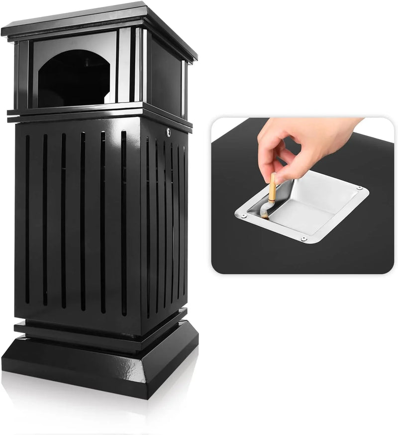 Outdoor trash bin top tray matte black stainless steel commercial waste storage box with lock cover. Heavy-duty industrial garden garage garbage container, dimensions: 35.5 * 15.8 * 15.8 inches. J1