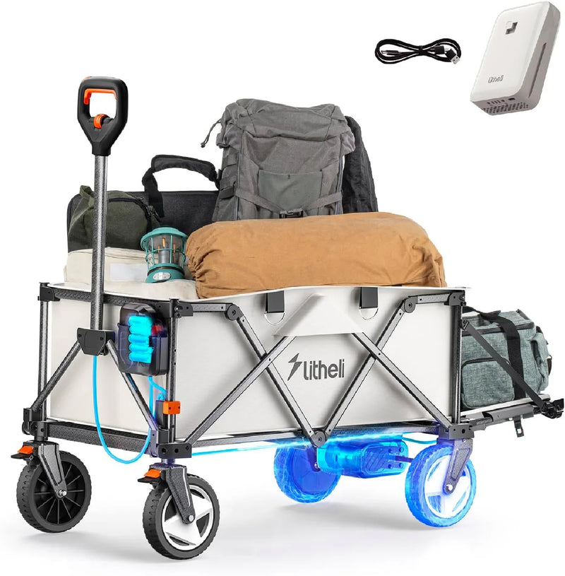 Utility truck, with a capacity of 200 liters and a load capacity of 300 pounds, featuring a foldable heavy-duty design, equipped with all-terrain wheels, featuring variable speed drive and battery power functions, suitable for camping, beaches, garde U2