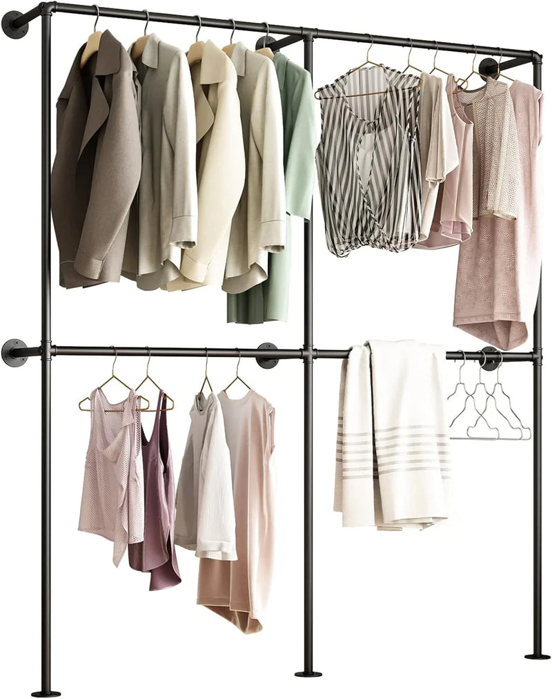Industrial-style wall-mounted pipe clothes hanger, wall-mounted clothes hanger with double hanging rods, for closet storage (gold) P6