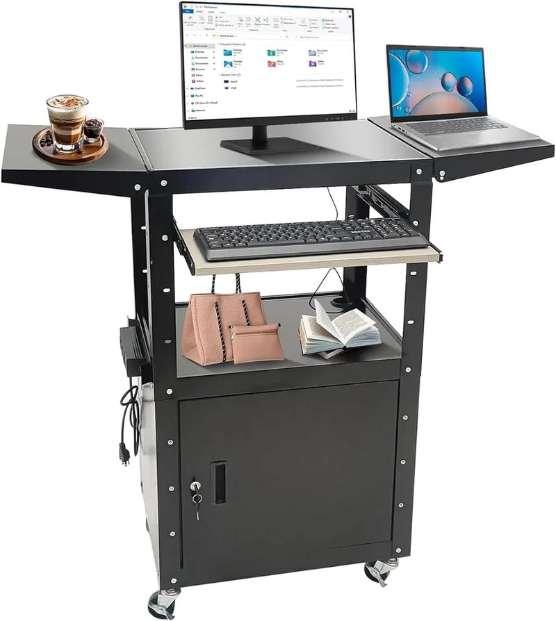 Upgraded AV Cart, Adjustable-Height Steel AV Cart with Locking Cabinet and Pullout Keyboard Tray, Rolling Media Cart with Wheels & Power for Computer Laptop Projector Printer (Black/43"x18"x43") D7