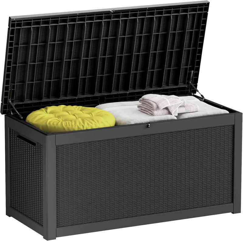 260-gallon large outdoor storage XL outdoor box, suitable for garden furniture, outdoor cushions, garden tools, sports equipment and pool supplies. Made of waterproof resin material, lockable, in gray color scheme. M2