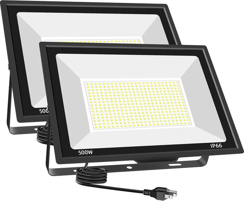 500W LED Flood Light Outdoor 2 Pack, 2000W Equivalent FloodLight with Plug, Super Bright 55000LM 5000K Daylight White IP66 Waterproof Commercial Lighting for Sports Fields,Courts,Arena,Stadium Z6
