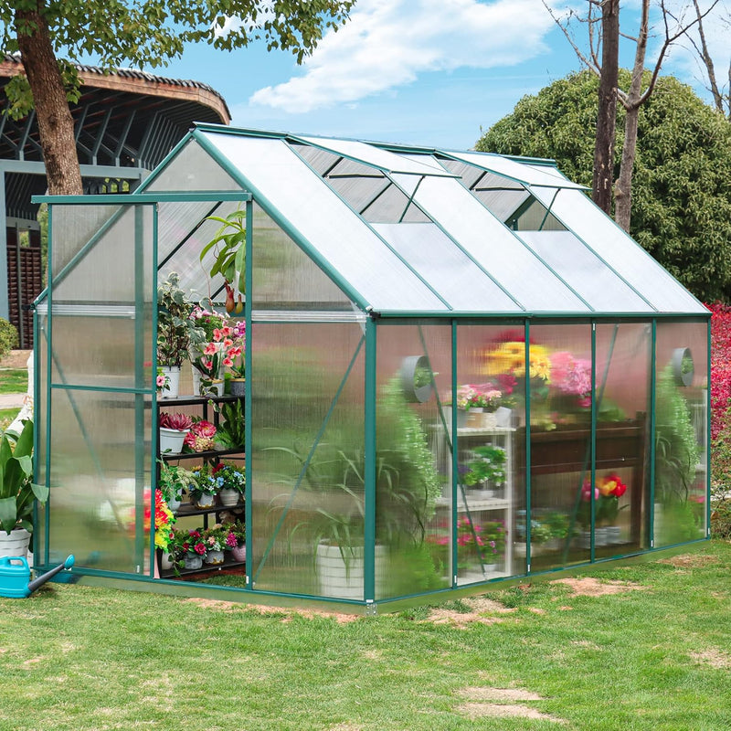 6'x10' Walk-in Greenhouse with 4mm 800G Polycarbonate Panels - Heavy-Duty Aluminum Frame, Wind/Snow Resistant for Gardening, Includes Sliding Door & Ventilation Windows (Green) A2