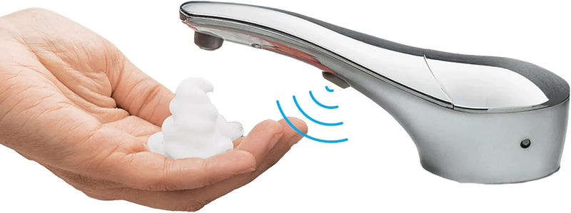 Automatic liquid soap dispenser, with a top-mounted contactless soap nozzle, capacity 34 ounces (1.0 liters), can be placed on the countertop of a public restroom, installation diameter 1-3/8 inches, chrome surface treatment. A8