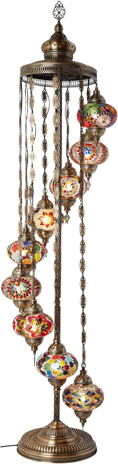 Turkish Moroccan mosaic floor lamp, with 9 lampshades and 6 feet in height - a Tafini-style standing decorative Bohemian-style lamp, equipped with colored lampshades, suitable for bedrooms, living rooms, and entrances - handmade in Turkey, available T6