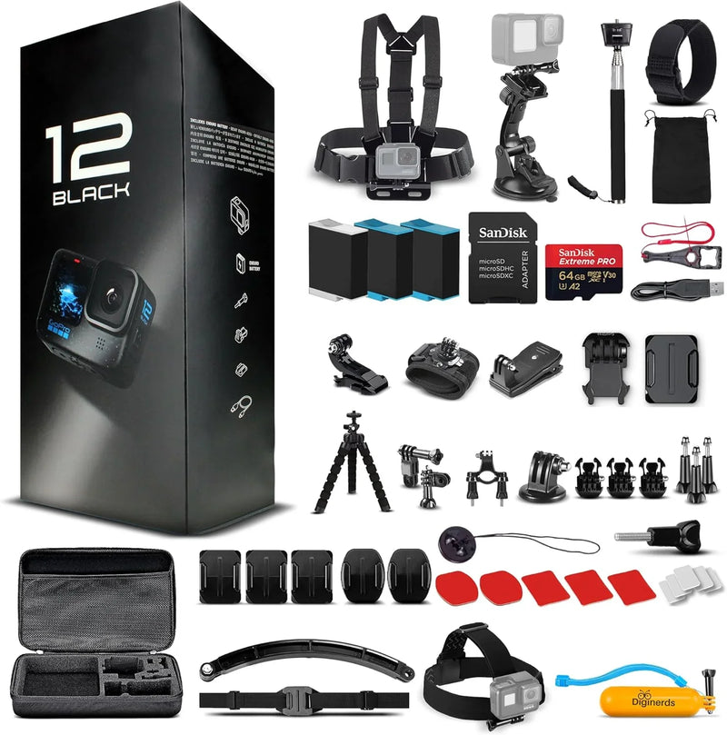 Equipped with a 50-piece accessory kit, 2 spare batteries and a 64GB memory card - a waterproof action camera - 5.3K HDR, 27 million pixels of photos, 1/1.9-inch sensor, live streaming function, webcam, and shake-proof function W6